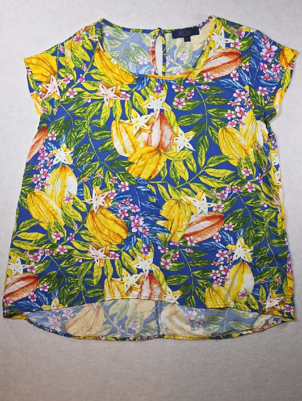 RACHEL Rachel Roy Blue Floral Short-Sleeve Blouse with Yellow & Green Accents